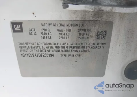 2013 Chevrolet Malibu 2Lt z USA, uszkodzony, nr VIN 1G11E5SA7DF265194